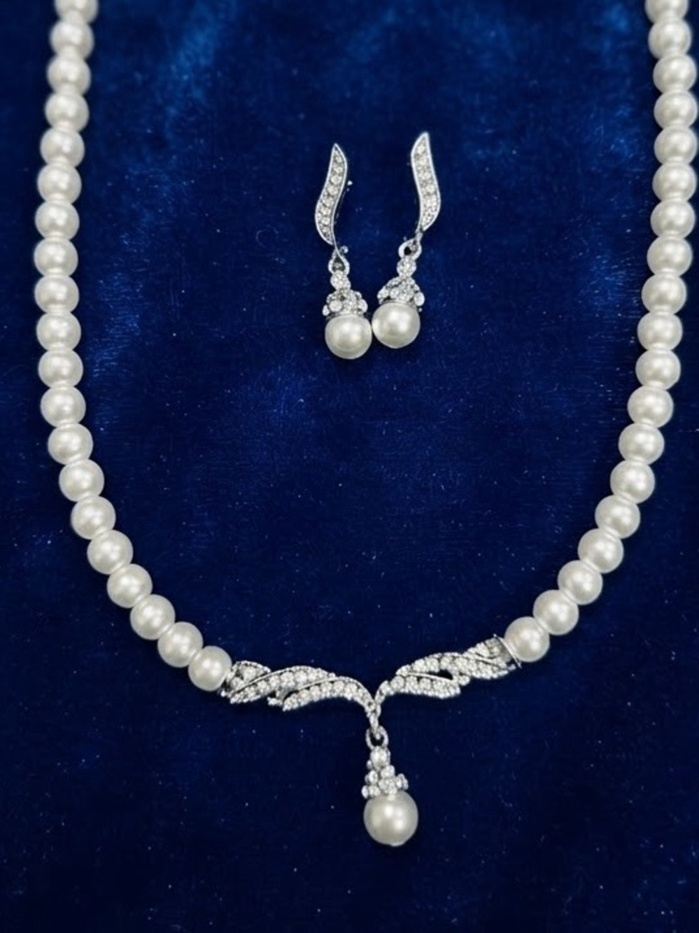 White Faux Pearl Necklace with Drop Pendant and Matching Earrings